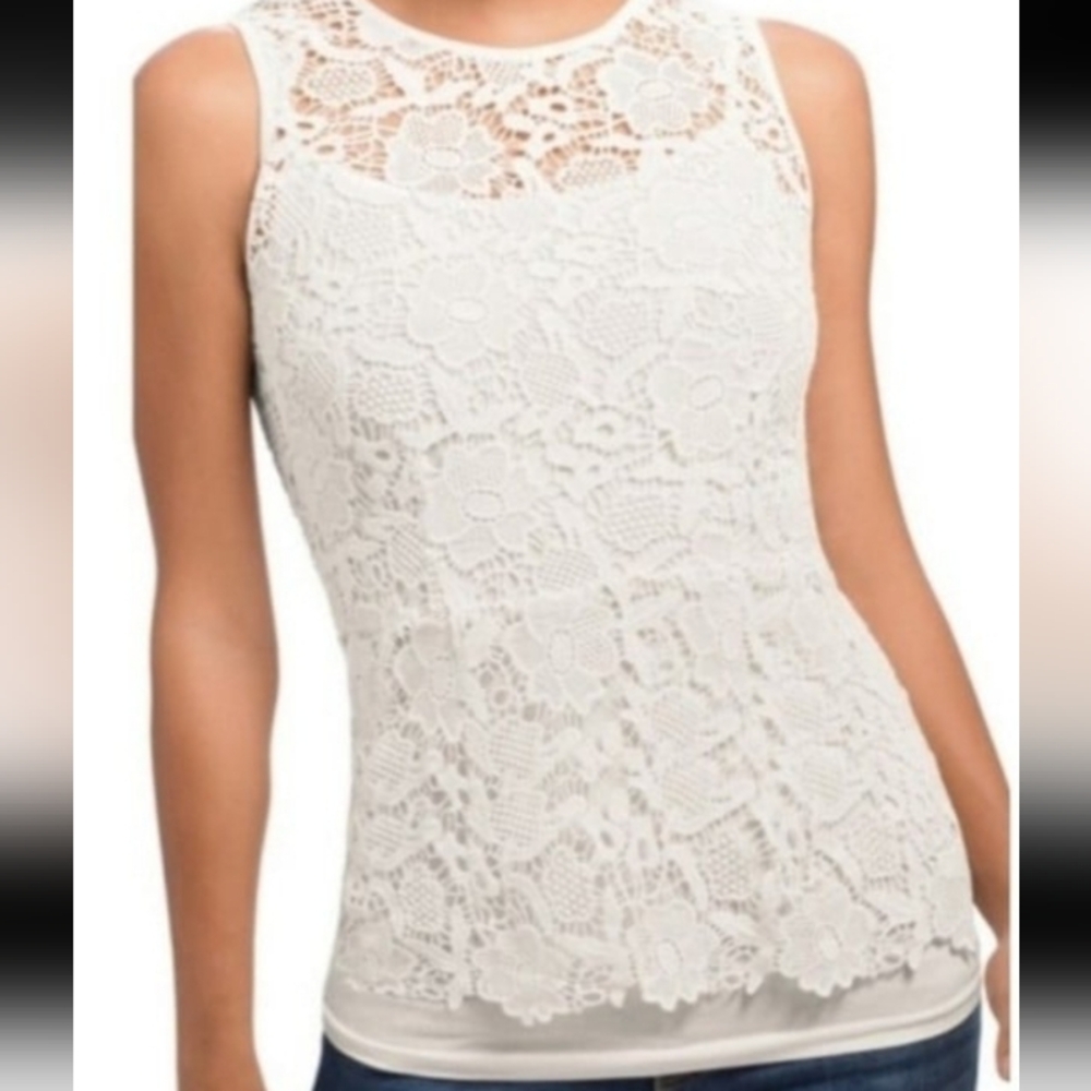 CAbi White Crochet Lace Peplum Sleeveless Blouse Women's Size XS